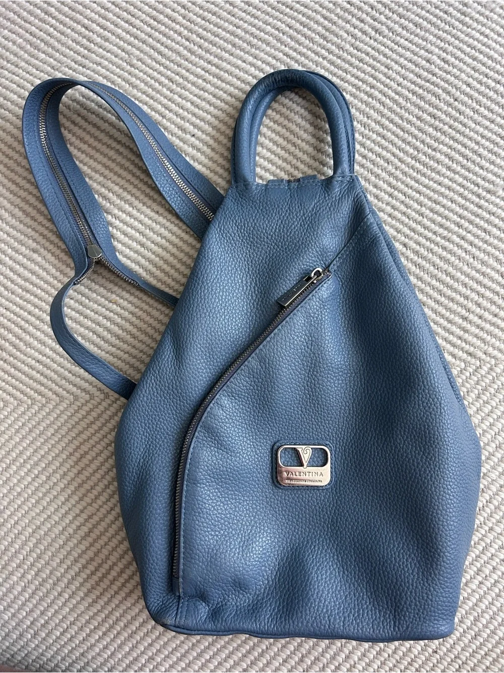 Valentina Chic Blue Leather Convertible Backpack Sling Bag with Silver Details